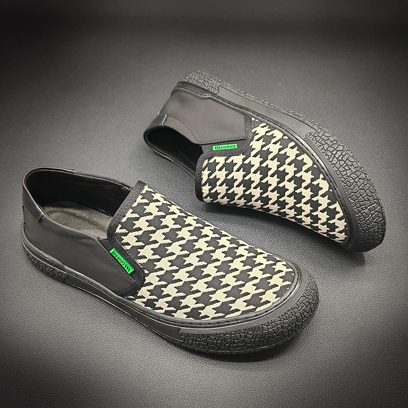 Men Black And White Plaid Loafers 