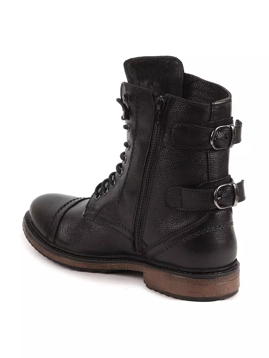 Men Black High Ankle Genuine Leather Hook and 7-Eye Lace Up Side Zipper Adjustable Buckle Strap Cap Toe Anti Skid Sole Flat Boot