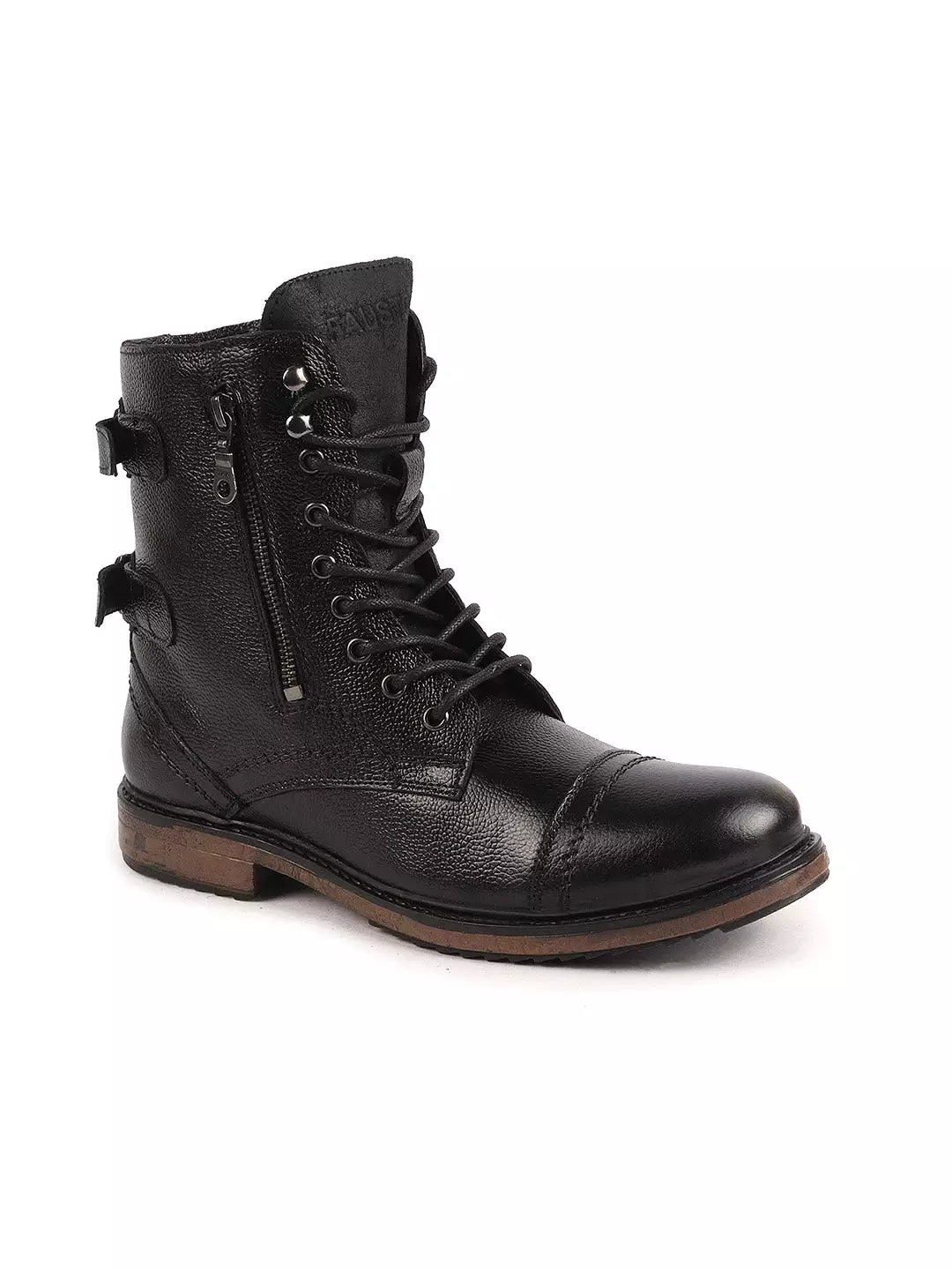 Men Black High Ankle Genuine Leather Hook and 7-Eye Lace Up Side Zipper Adjustable Buckle Strap Cap Toe Anti Skid Sole Flat Boot