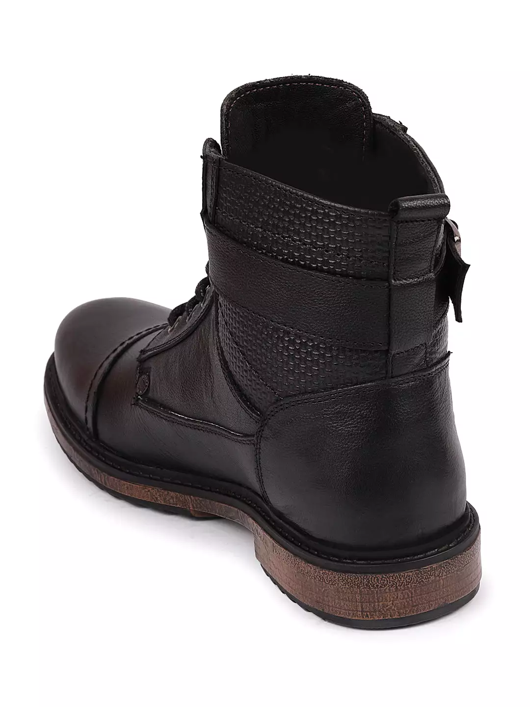 Men Black High Top Genuine Leather 7-Eye Lace Up Buckle Strap Work Cap Toe Winter Flat Boots