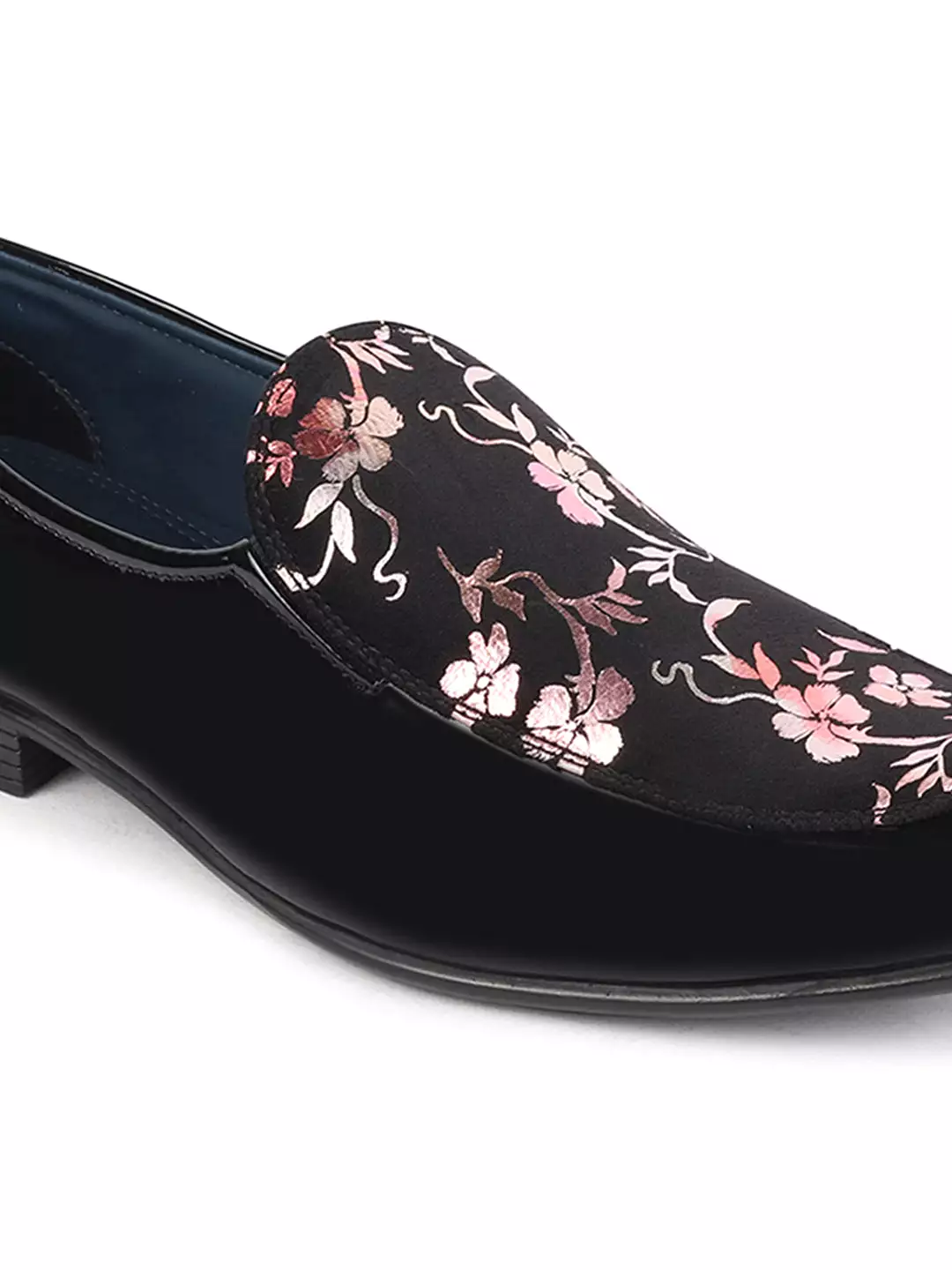 Men Black Party Wedding Velvet Floral Print Slip On Loafer Shoes