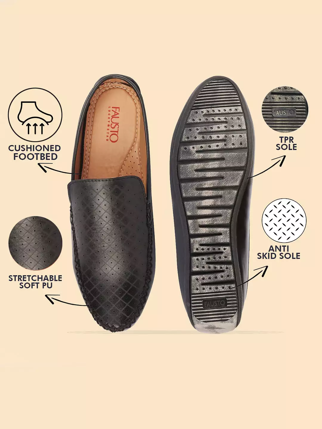 Men Black Stitched Block Design Pattern Back Open Slip On Loafer Shoes