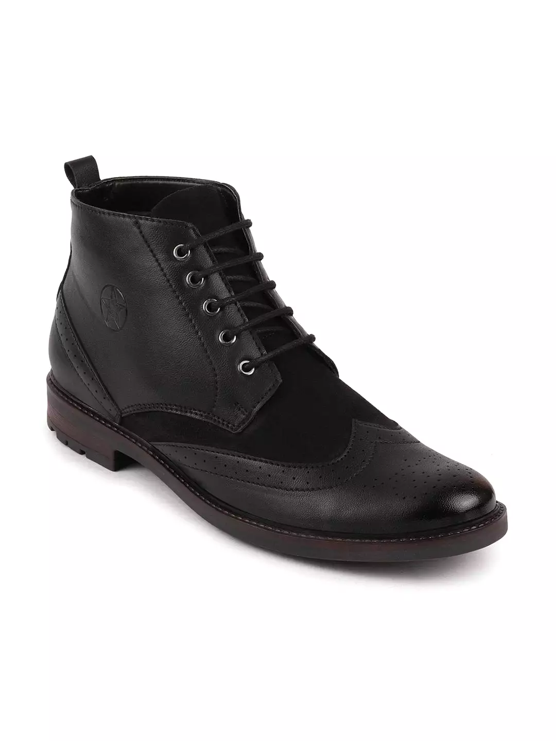 Men Black Wingtip Lace Up Boots