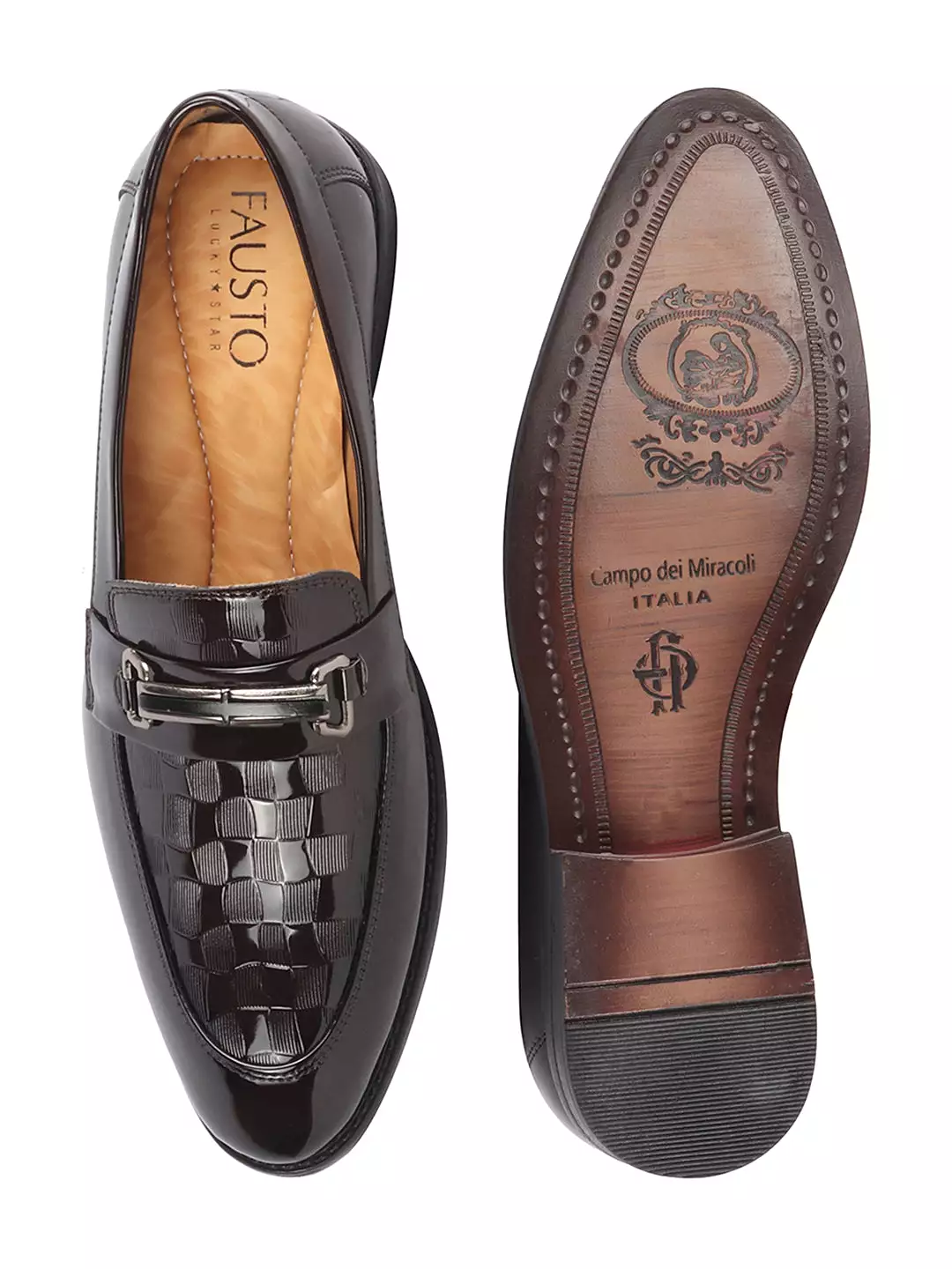 Men Brown Casual Patent Leather Slip-On Loafers