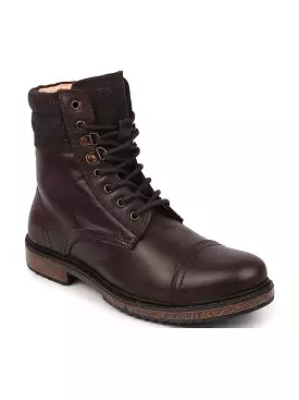 Men Brown High Ankle Genuine Leather 8-Eye Lace Up Cap Toe Welted Sole Winter Biker Boots