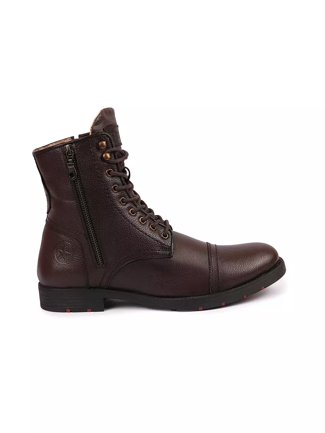 Men Brown High Top Genuine Leather Hook and 7-Eye Lace Up Side Zipper Cap Toe Classic Flat Boots