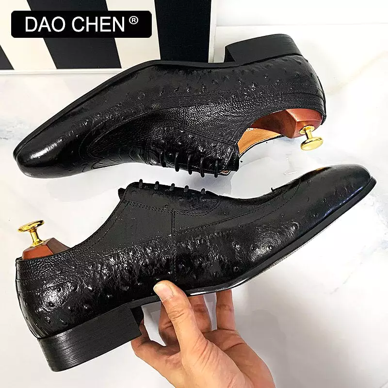 MEN OXFORD SHOES BROWN BLACK OSTRICH LEATHER PRINTS SHOES LACE UP DRESS SHOE OFFICE WEDDING LEATHER SHOES FOR MEN