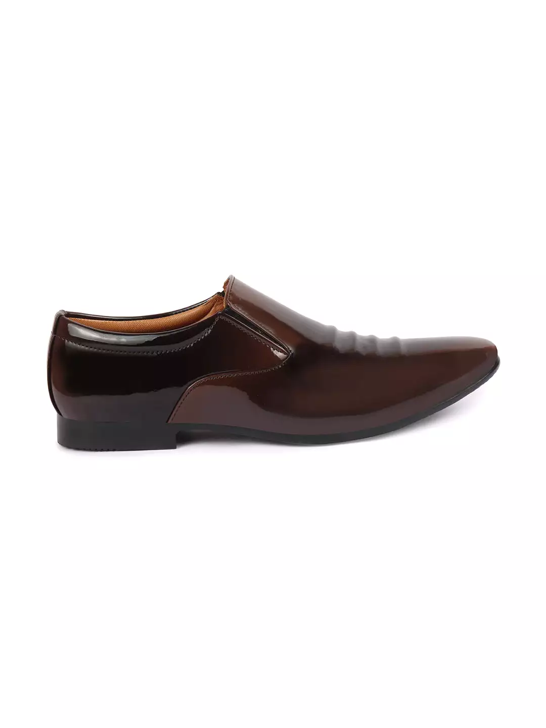 Men Tan Casual Patent Leather Slip-On Loafers