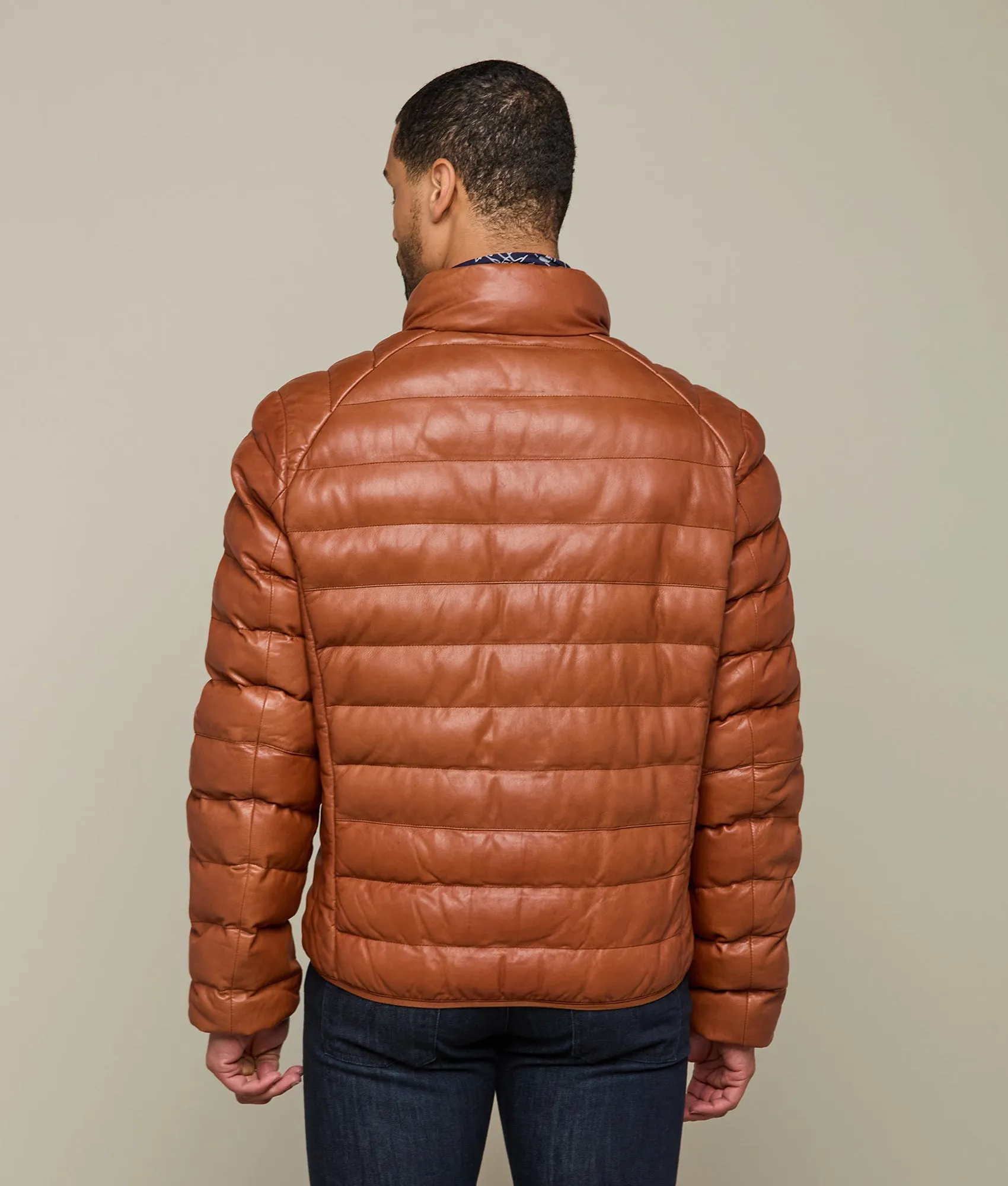 Men's Leather Puffer Jacket :: Cognac