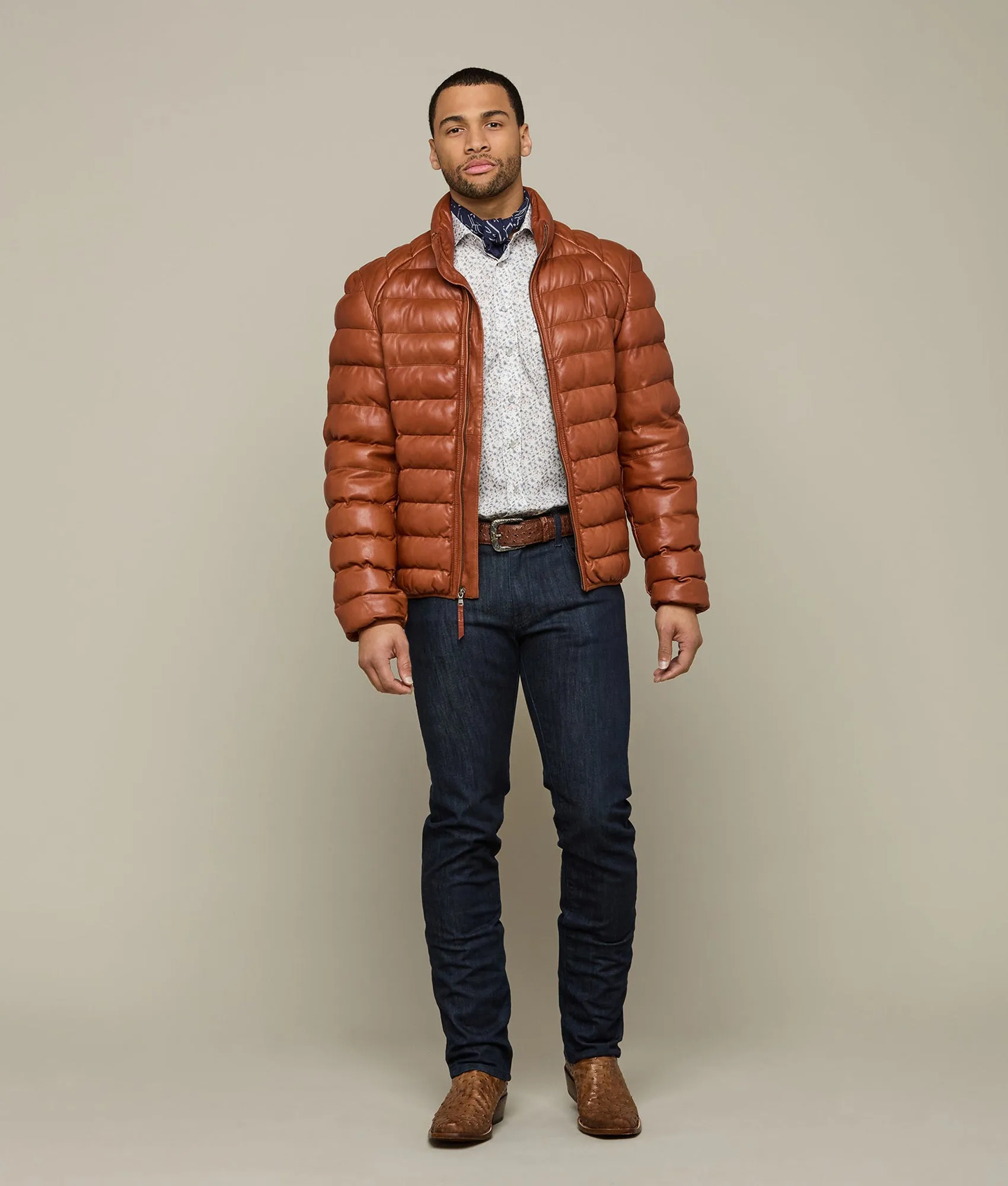 Men's Leather Puffer Jacket :: Cognac