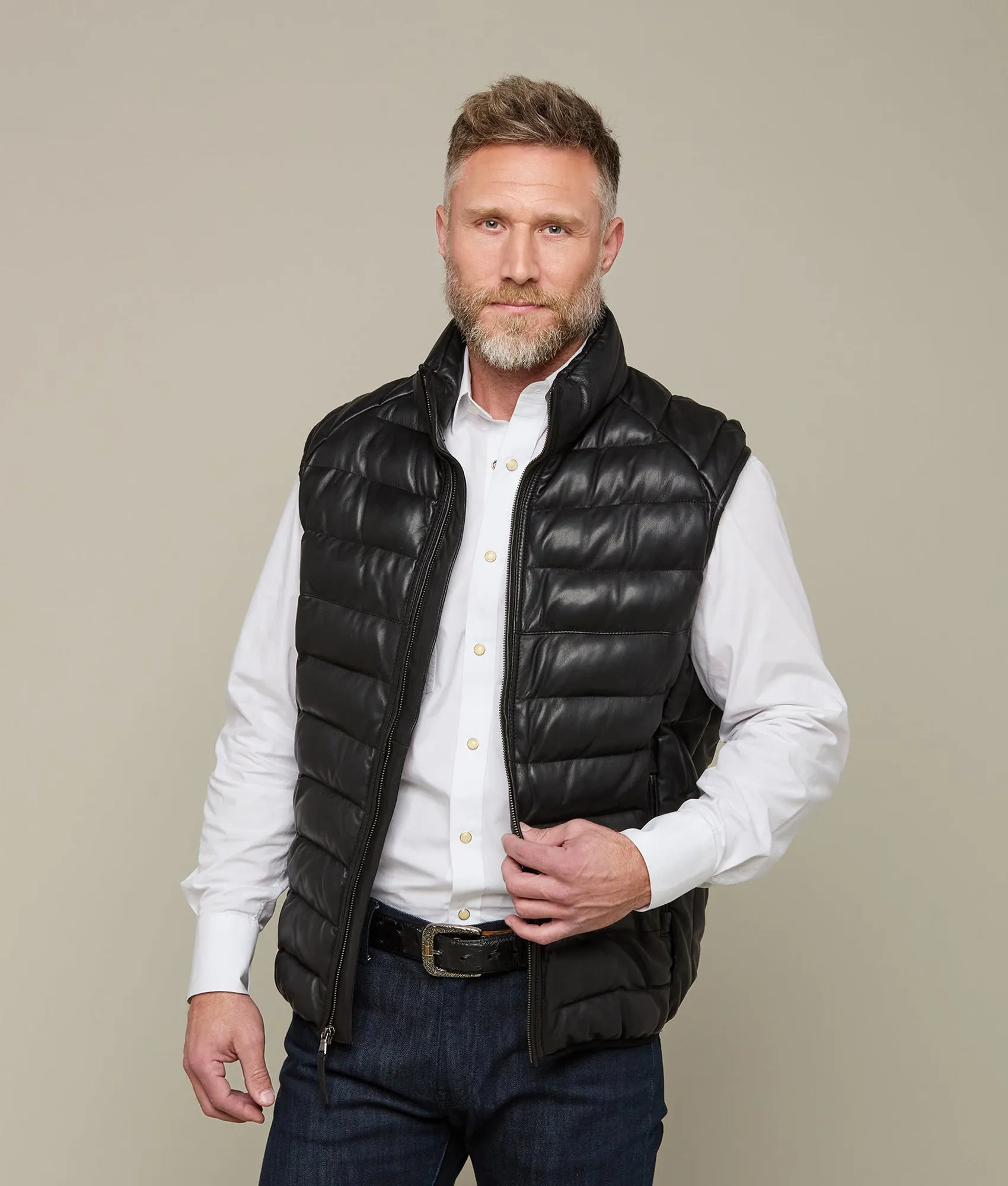 Men's Leather Puffer Vest :: Black