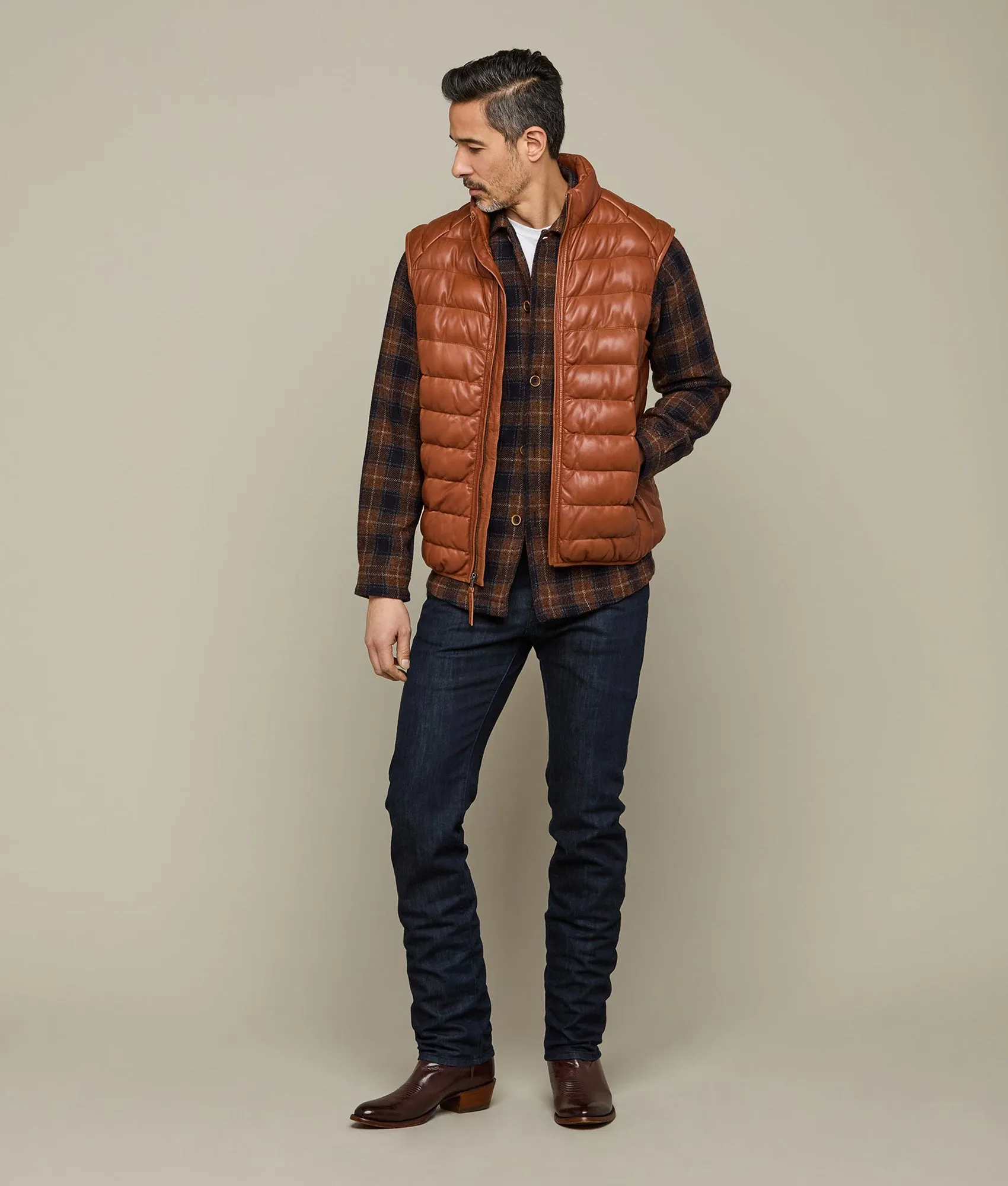 Men's Leather Puffer Vest :: Cognac