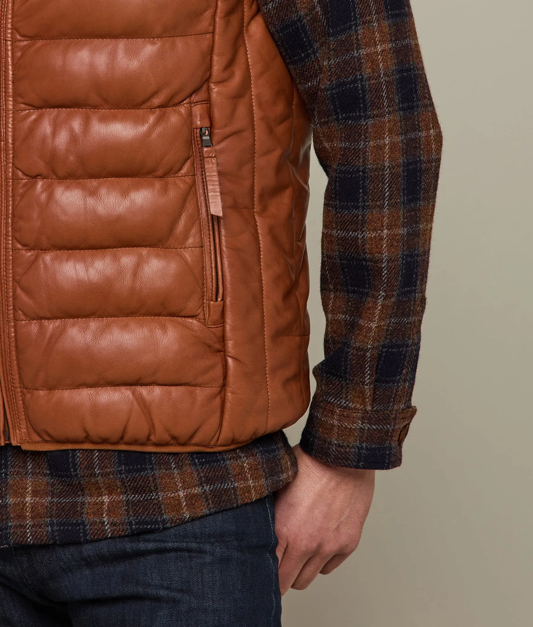 Men's Leather Puffer Vest :: Cognac