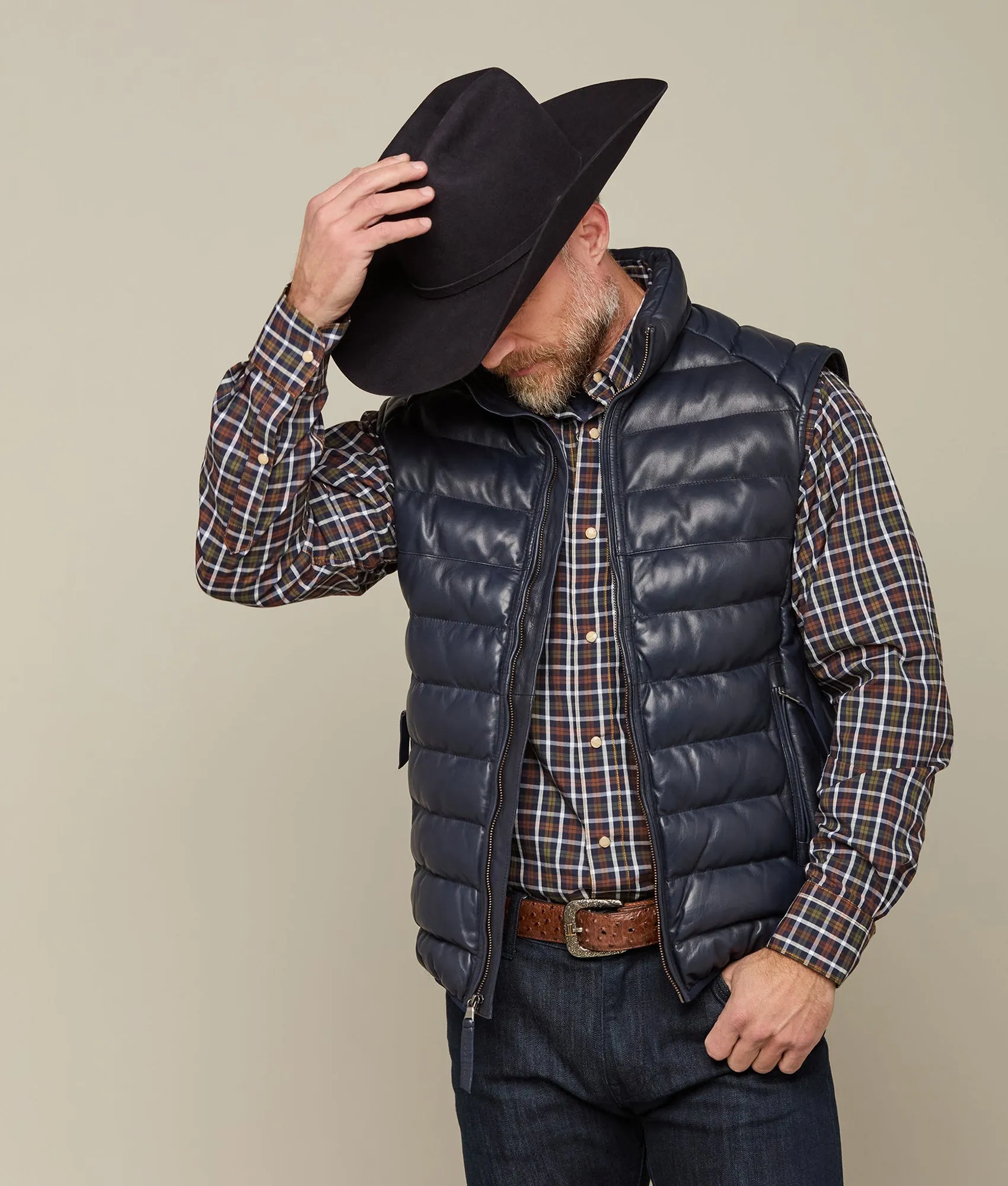 Men's Leather Puffer Vest :: Navy