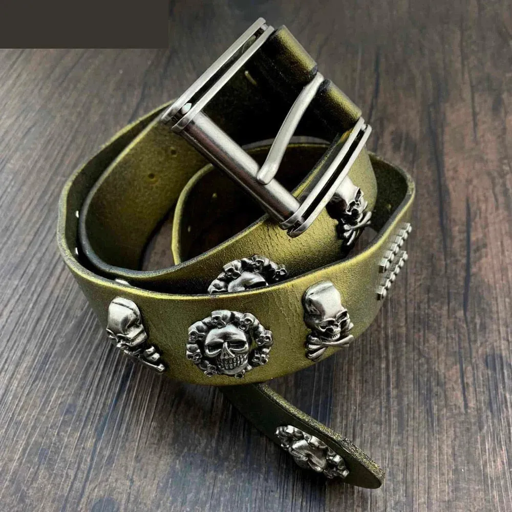 Men's Punk Style Army Green Genuine Leather Skull Studded Waist Belt