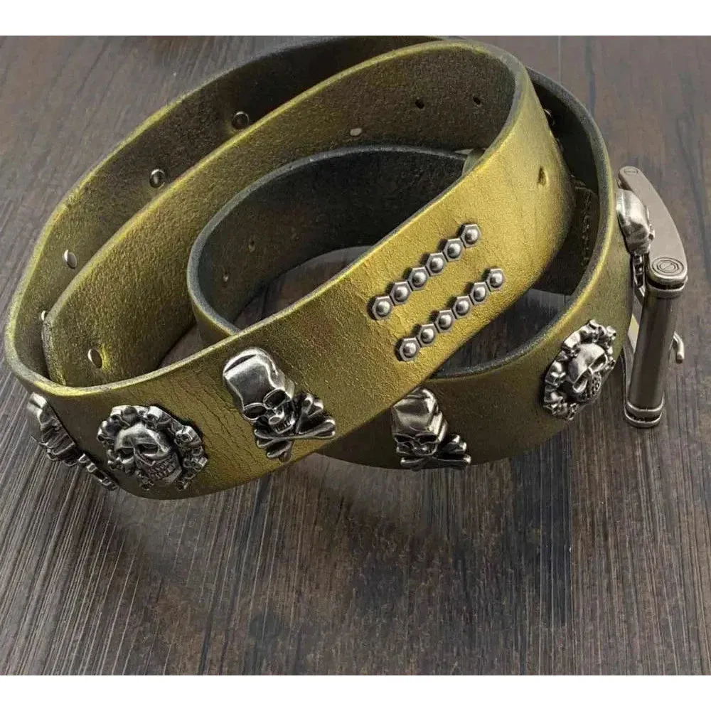 Men's Punk Style Army Green Genuine Leather Skull Studded Waist Belt