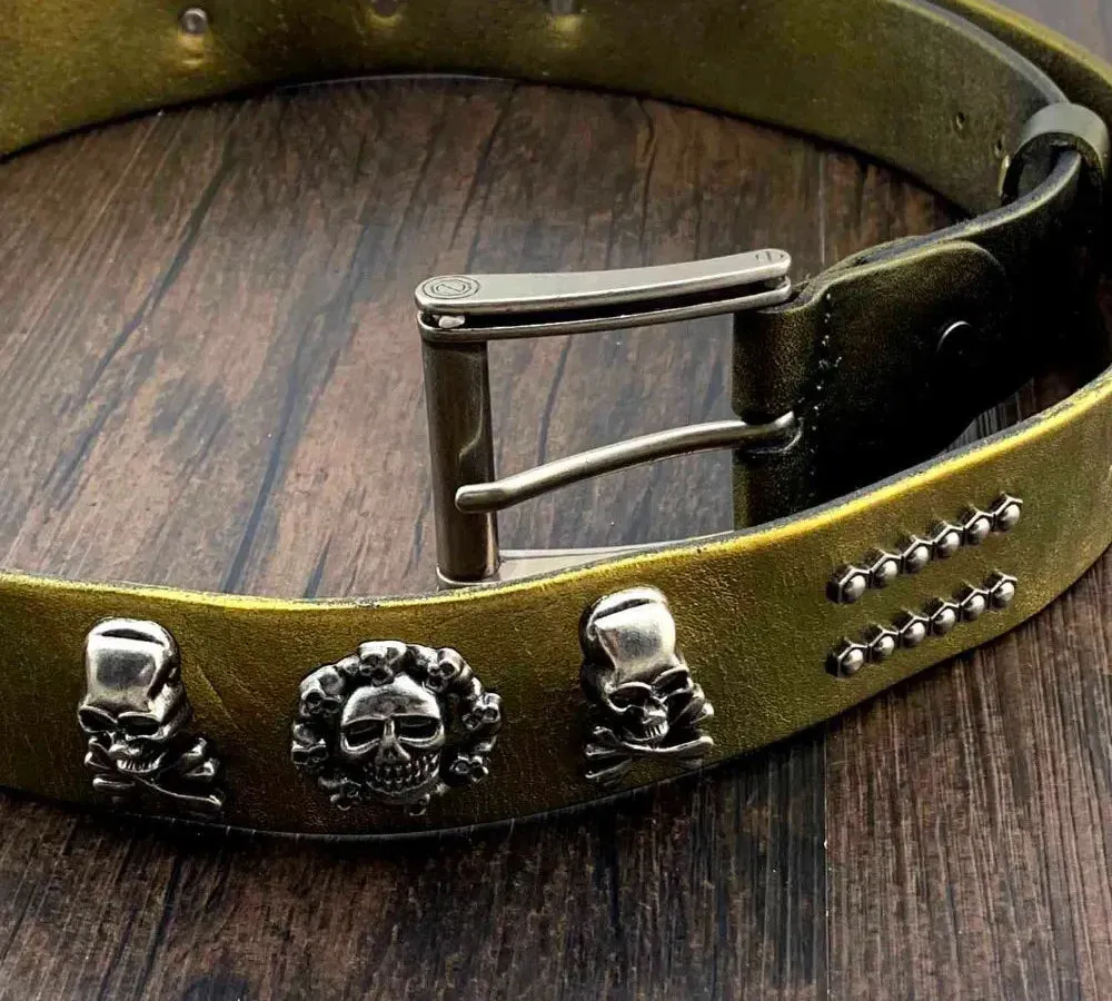 Men's Punk Style Army Green Genuine Leather Skull Studded Waist Belt