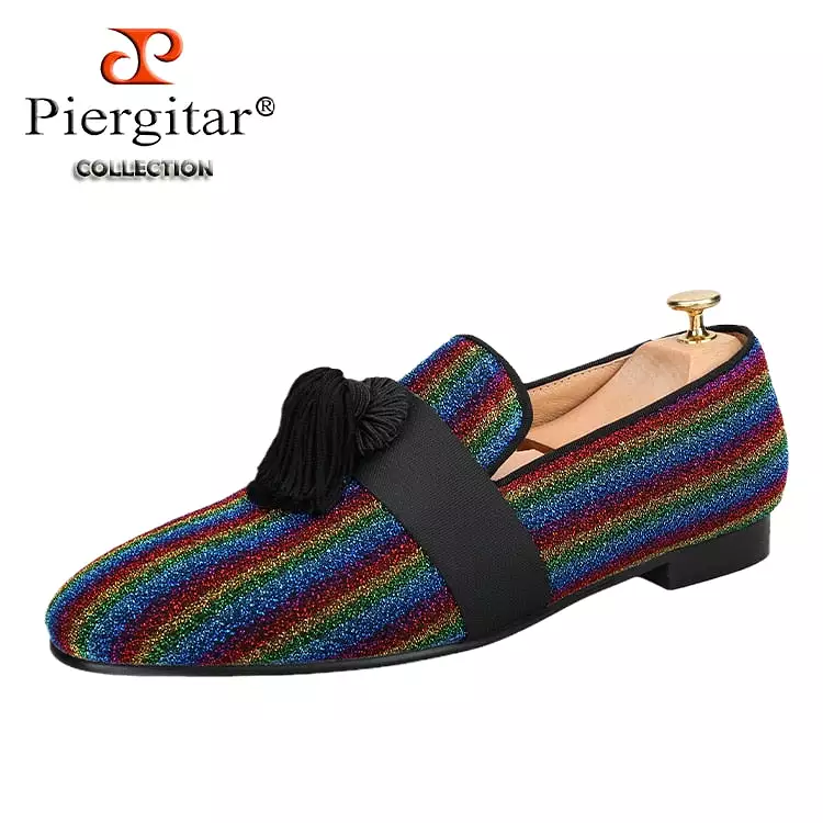 Multicolor Lurex Canvas Slippers Fringed Embellishments Handcrafted Men Loafers