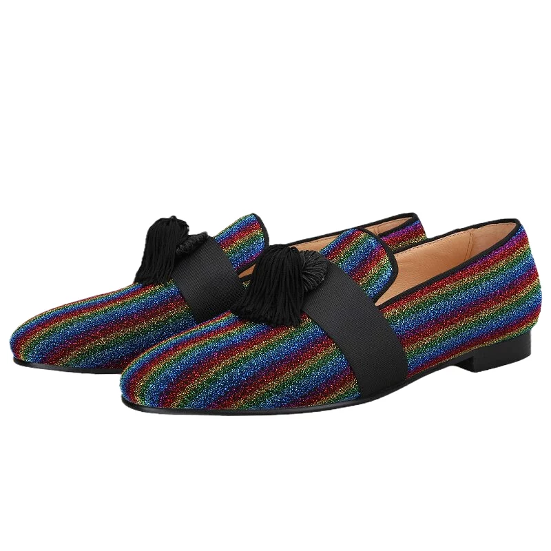 Multicolor Lurex Canvas Slippers Fringed Embellishments Handcrafted Men Loafers