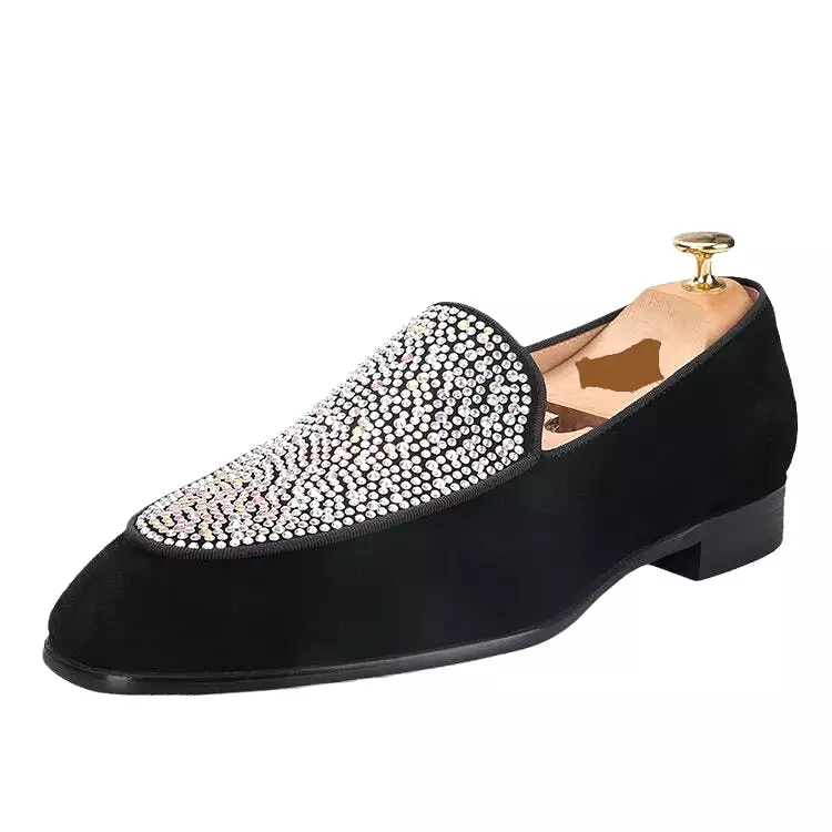 OneDrop Handmade Black Suede Men Austrian Real Crystals Luxury GZ Style Slip-On Wedding Prom Banquet Party Loafers Red Soles