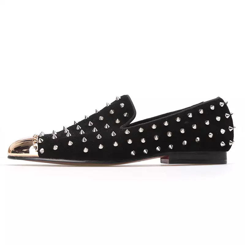 OneDrop Handmade Men Black Suede Silver Rivets Spikes Gold Metal Toe  Party Wedding Banquet Prom Loafers