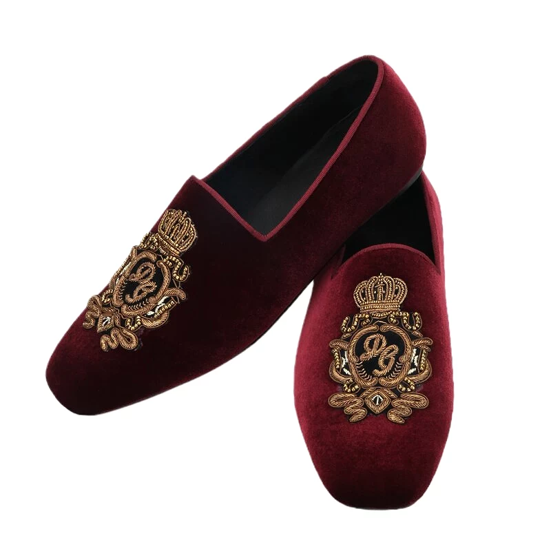 OneDrop Handmade Men Bungundy Velvet Wine Red DG Silk Embroidery Patches Slip-On Wedding Prom Banquet Party Loafers