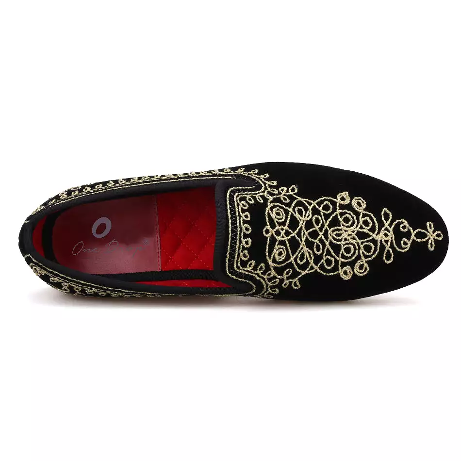 OneDrop Handmade Men Dress Shoes Embroidered Motif Paisley Velvet Party Wedding Prom Loafers