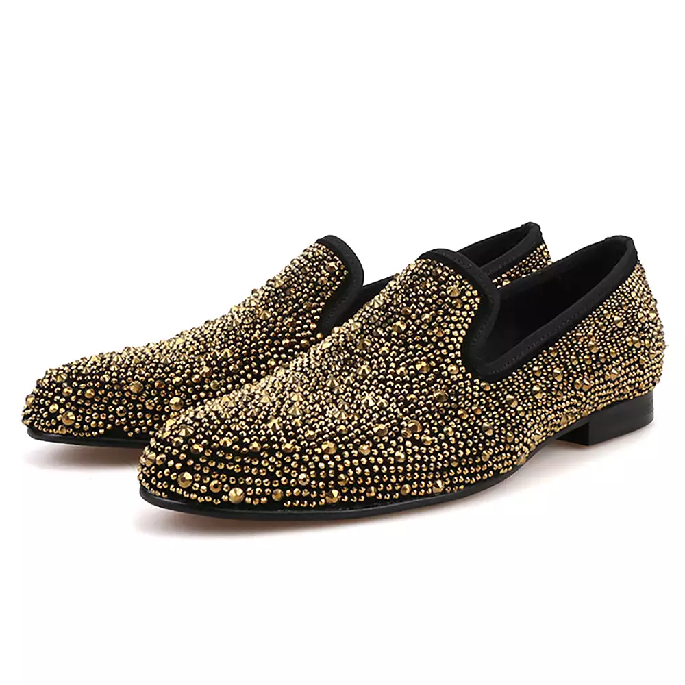 OneDrop Handmade Men Dress Shoes Gold Crystals Suede Crafted Wedding Party Prom Loafers