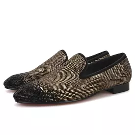 OneDrop Handmade Men Dress Shoes Suede Black Gold Rhinestone Party Wedding And Prom Loafers