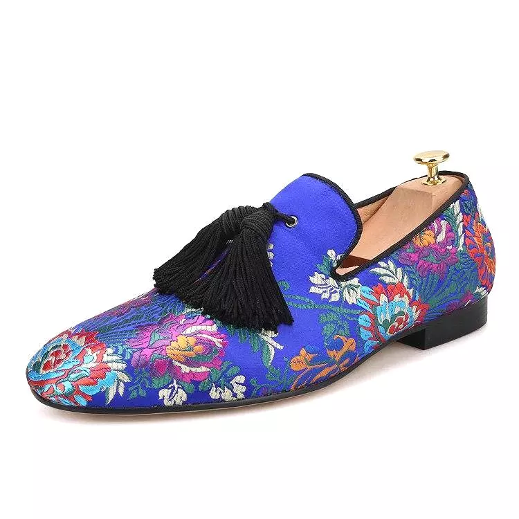 OneDrop Handmade Men Floral Wedding Party Prom Loafers Silk Dress Shoes Slippers