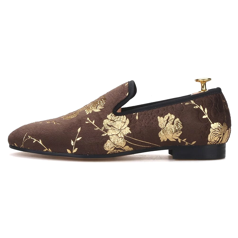 OneDrop Handmade Men Golden Flower Print Velvet Shoes Party Wedding Prom Loafers