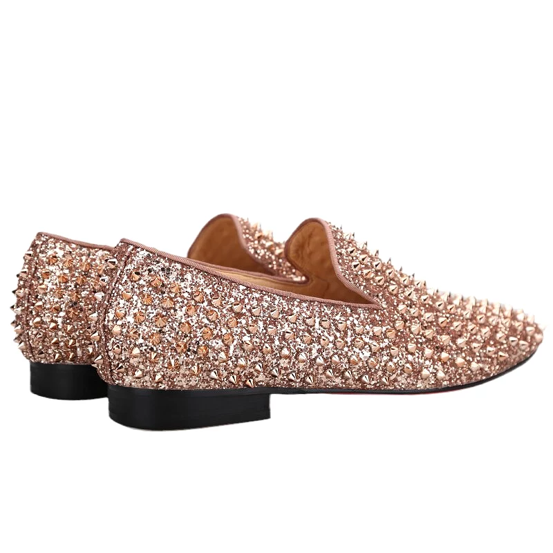 OneDrop Handmade Men Rose Gold Glitter Spikes Slip-On Red Bottom Party Wedding Prom Loafers