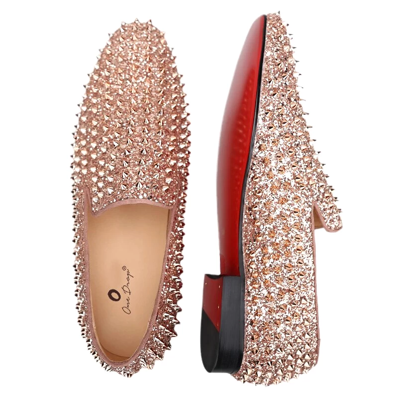 OneDrop Handmade Men Rose Gold Glitter Spikes Slip-On Red Bottom Party Wedding Prom Loafers