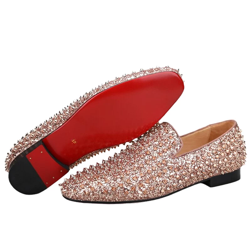 OneDrop Handmade Men Rose Gold Glitter Spikes Slip-On Red Bottom Party Wedding Prom Loafers