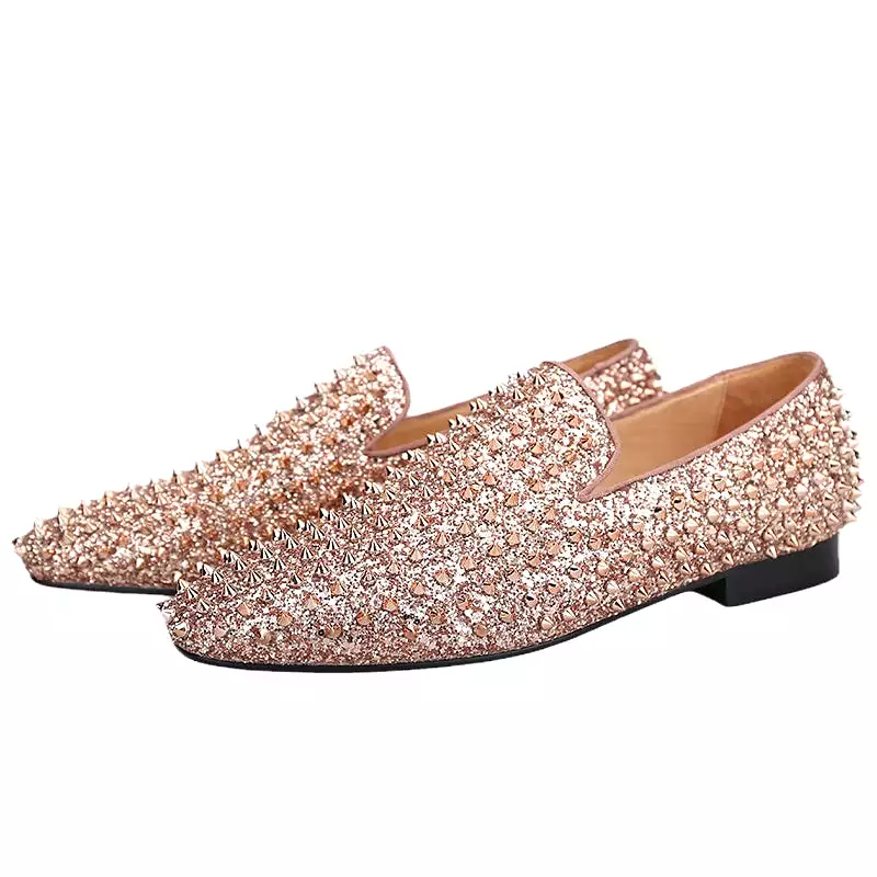 OneDrop Handmade Men Rose Gold Glitter Spikes Slip-On Red Bottom Party Wedding Prom Loafers