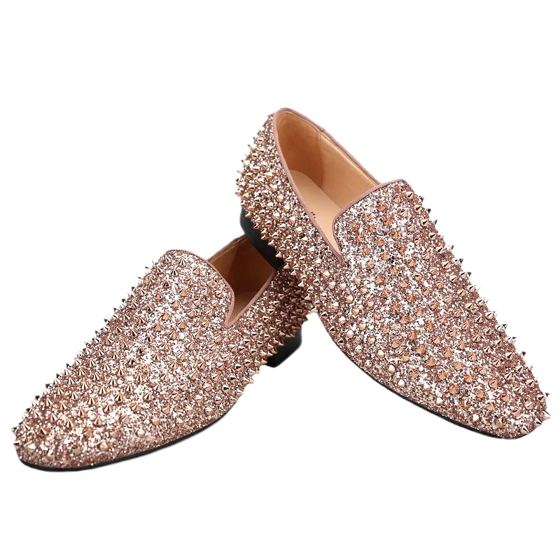 OneDrop Handmade Men Rose Gold Glitter Spikes Slip-On Red Bottom Party Wedding Prom Loafers