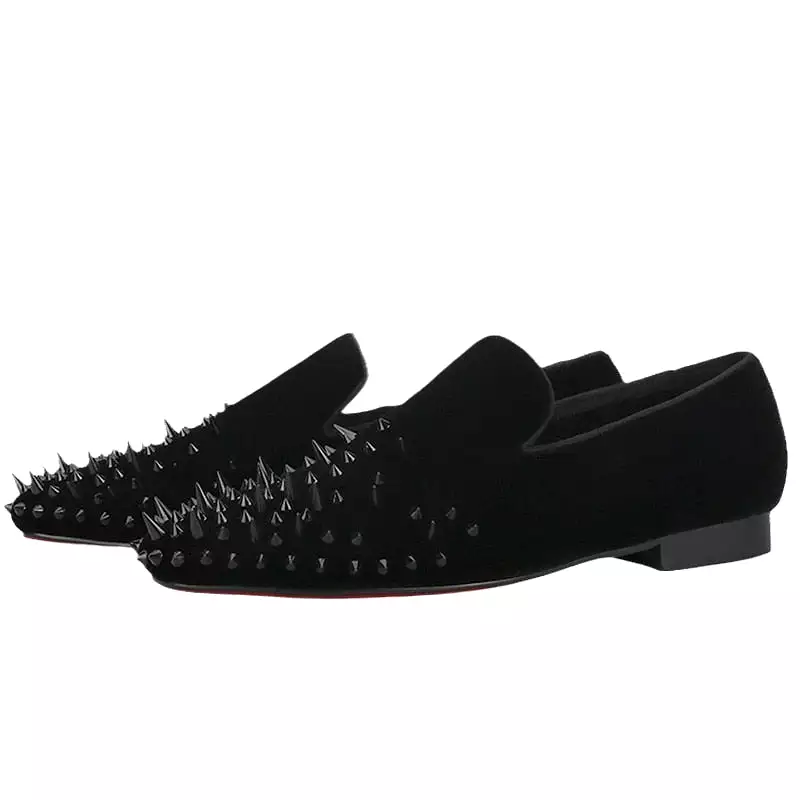 OneDrop Handmade Men Spikes Black Velvet Italian Design Slip-On Red Bottom Wedding Prom Banquet Party Loafers