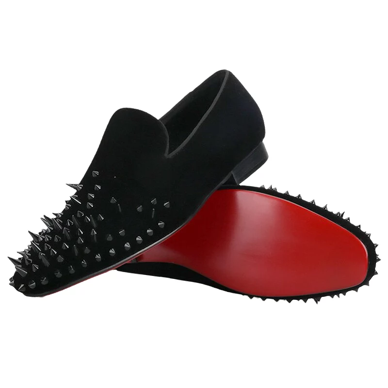 OneDrop Handmade Men Spikes Black Velvet Italian Design Slip-On Red Bottom Wedding Prom Banquet Party Loafers