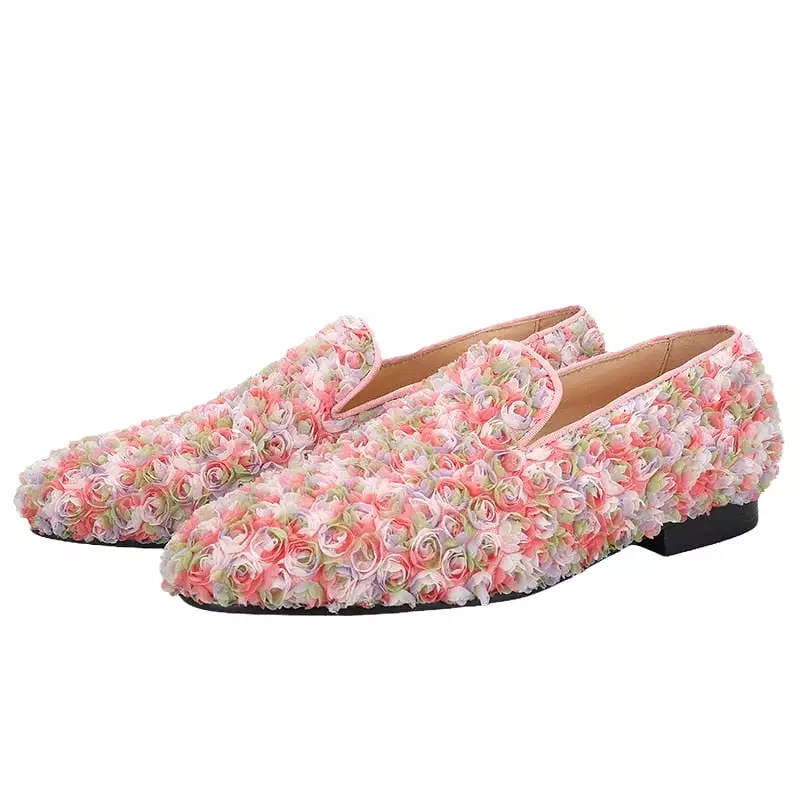 OneDrop Handmade Men Style Pink Flower Lace Wedding Prom Party Banquet Loafers