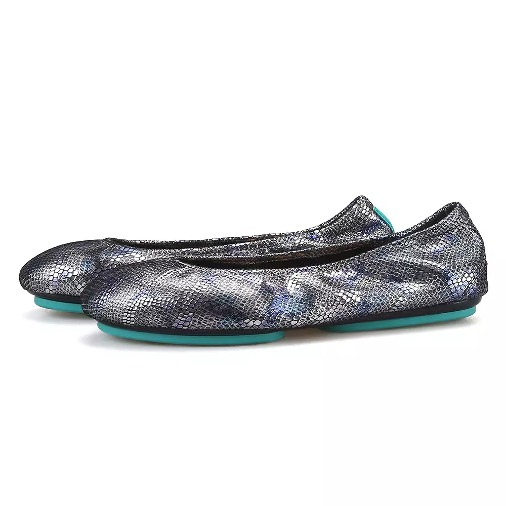 OneDrop Handmade Shiny Silver Embossed Leather Women Loafers With Foldable Ballet Leather Outsole Breathable Cowhide Lining Ladi