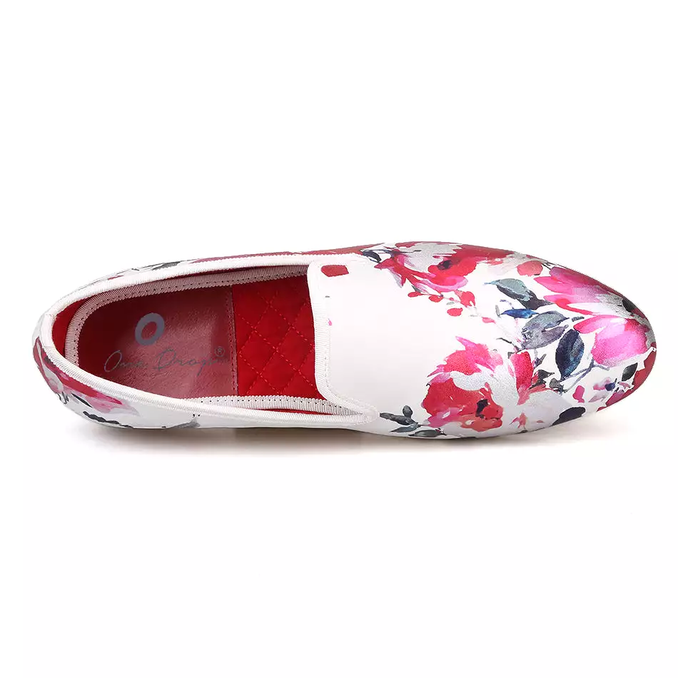 OneDrop Handmade White Color Print Gold Flower Men Wedding Party Prom Loafers