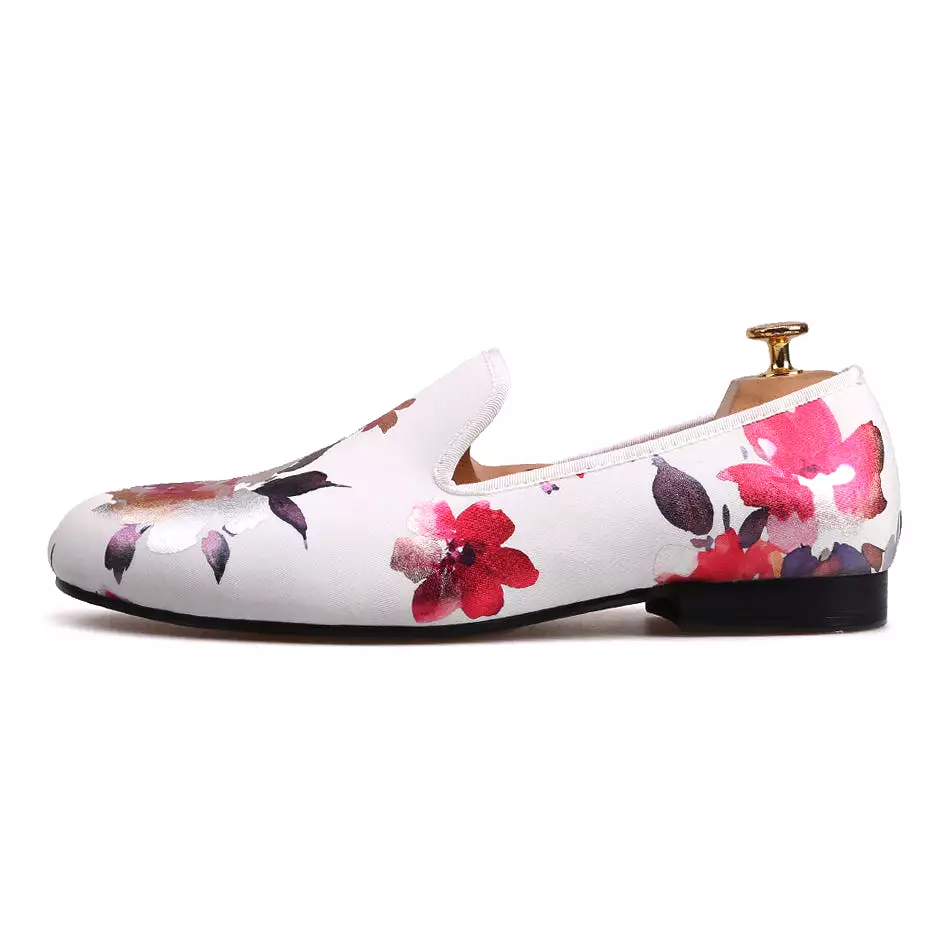 OneDrop Handmade White Color Print Gold Flower Men Wedding Party Prom Loafers