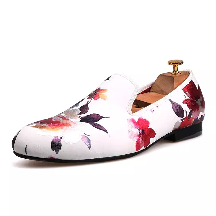 OneDrop Handmade White Color Print Gold Flower Men Wedding Party Prom Loafers