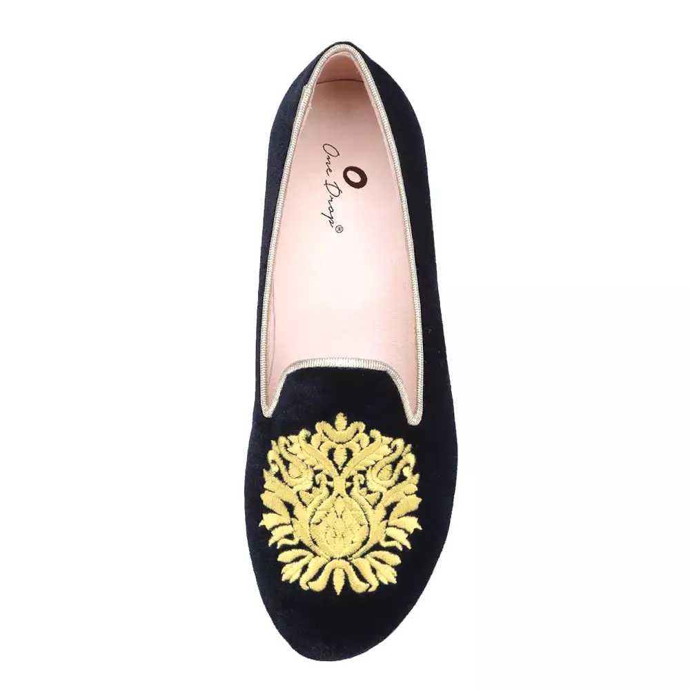 OneDrop Handmade Women Gold Flower Embroidery Velvet Dress Shoes Rhinestone Heel Party Wedding Prom Loafers