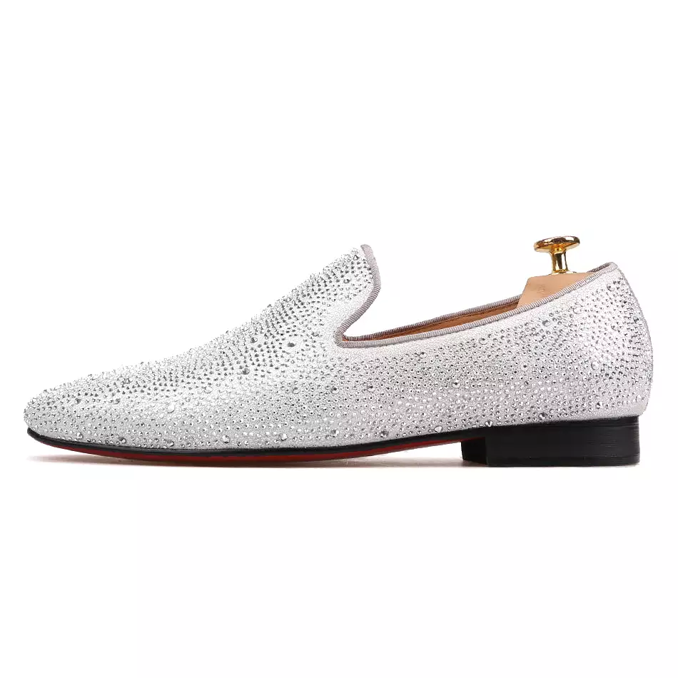 OneDrop Men Handmade Leather Dress Shoes Silver Rhinestone Party Wedding And Prom Loafers