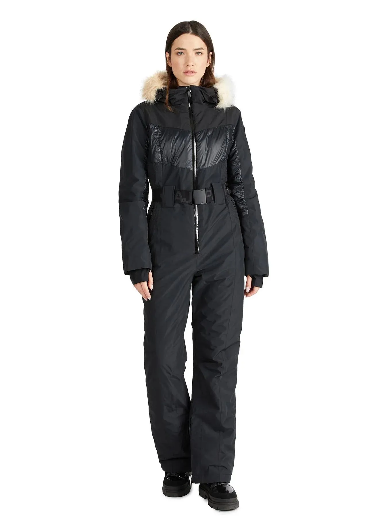 Pajar Womens Pearl Belted Mixed Media Ski Jumpsuit with Faux Fur Trim - BLACK