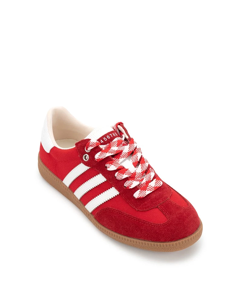 Red and White Suede Leather Flat Sneakers