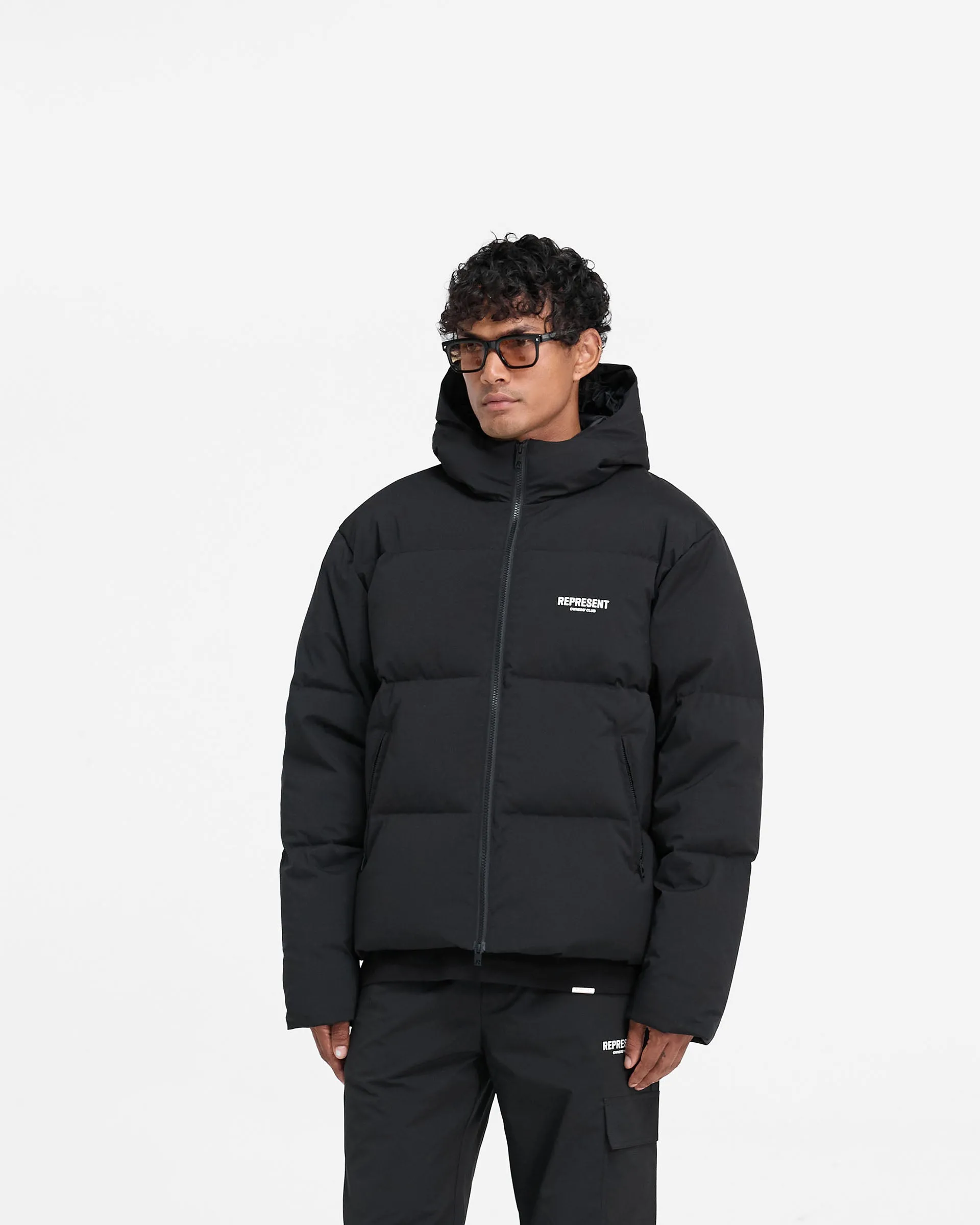 Represent Owners Club Hooded Puffer Jacket - Black