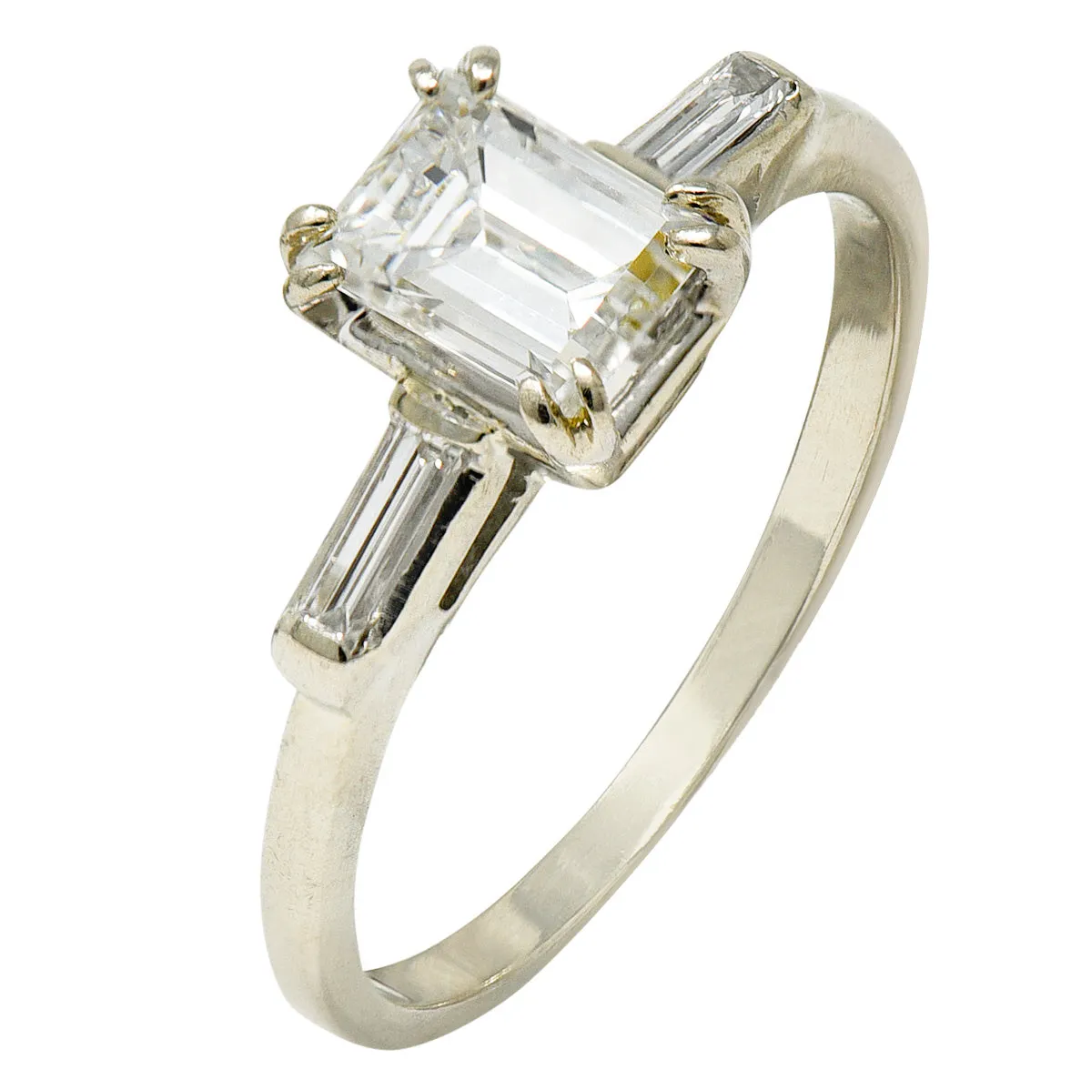 Retro 1.14 CTW Emerald Cut Diamond 14 Karat White Gold Engagement Ring