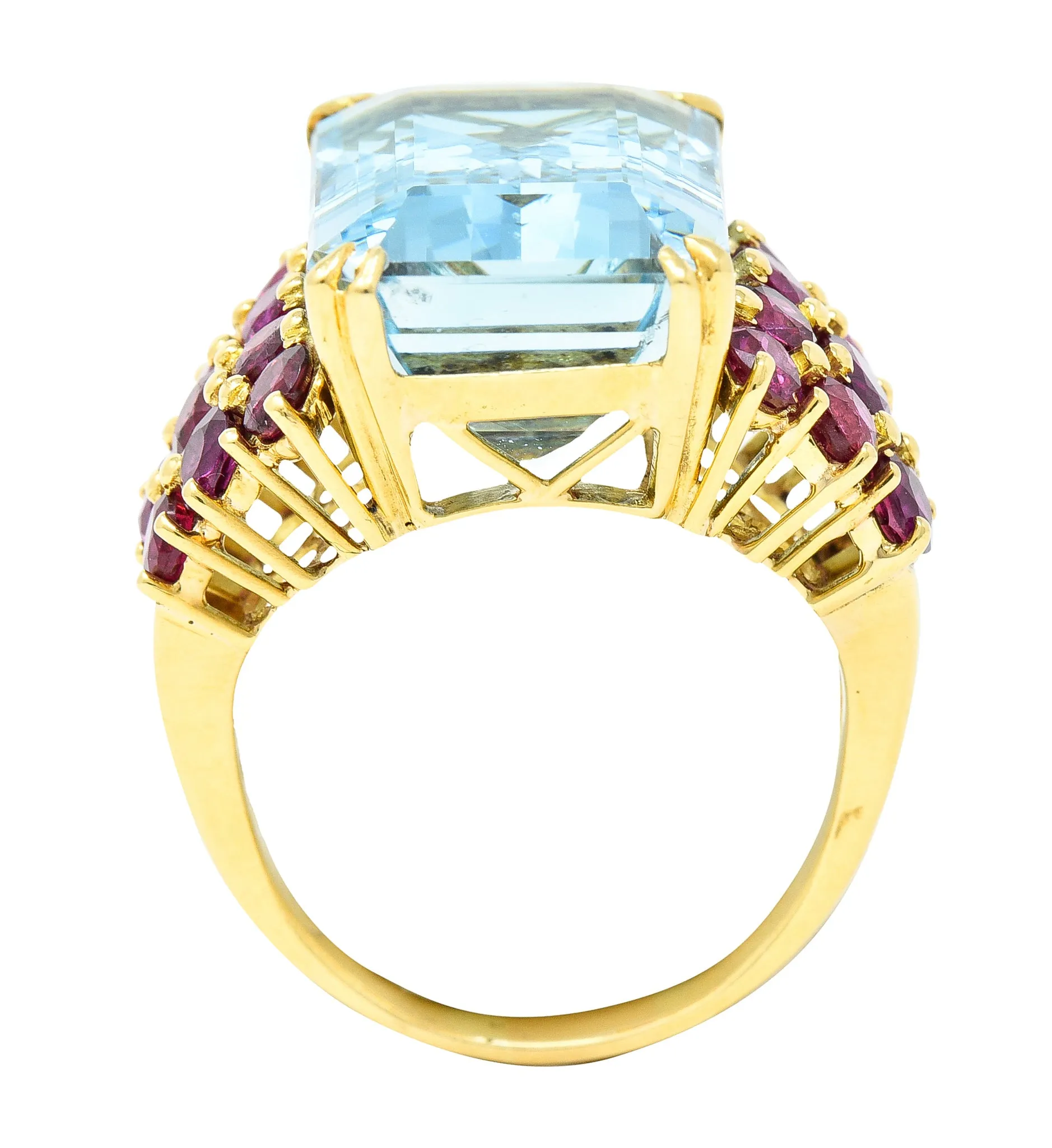 Retro 17.12 CTW Emerald Cut Aquamarine Ruby 18 Karat Yellow Gold Vintage Cocktail Ring